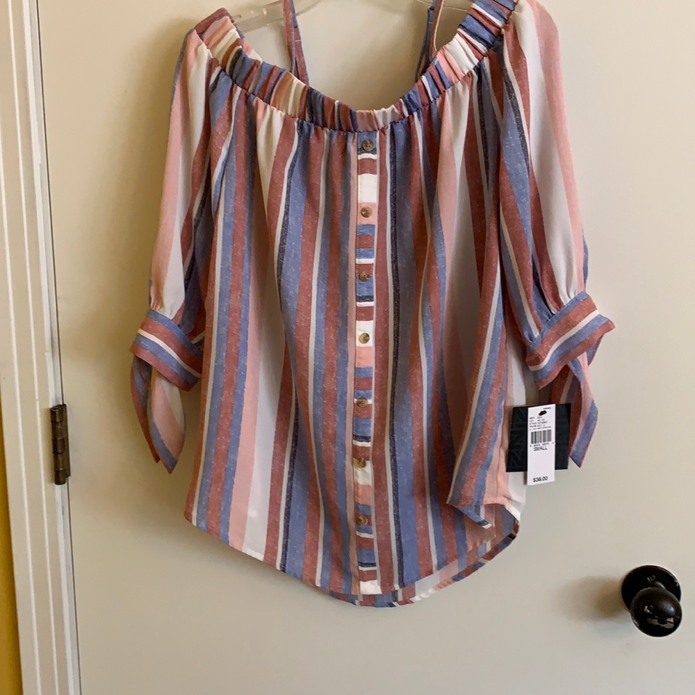IZ Byer Button Front off the shoulders multi color stripped women’s blouse